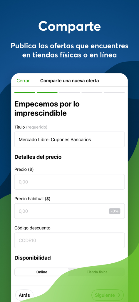 Formulario para compartir una nueva oferta en la app PromoDescuentos, incluyendo detalles de precio y disponibilidad.