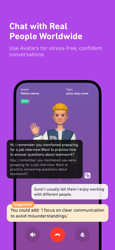 Talkit app interface showing an AI avatar for English job interview practice and conversation feedback