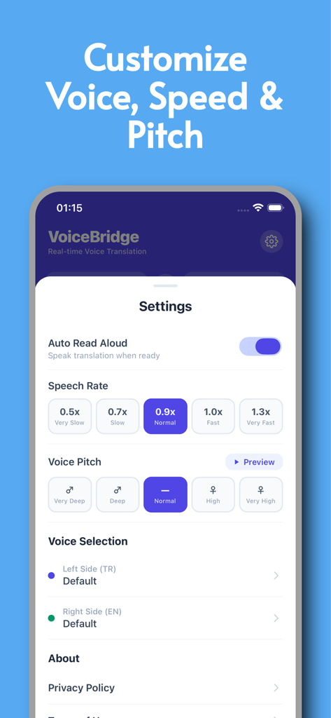 VoiceBridge: Voice Translator - VoiceBridge app settings interface with options to adjust speech rate, voice pitch and select voices for translation