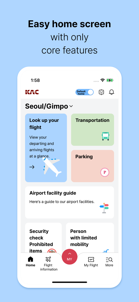 SMART AIRPORTS - Smart Airports app home screen featuring flight search transportation and parking options for Gimpo Airport