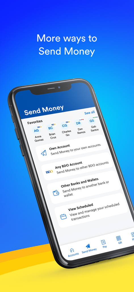 The Send Money screen of the BDO Online app showing options for transfers to BDO accounts and other banks