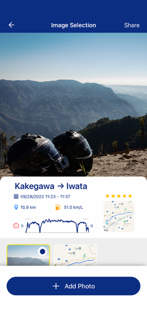 Yamaha Motorcycle Connect app ride summary screen showing trip distance fuel consumption and a scenic background photo