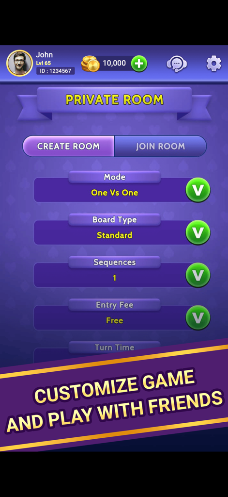 Wild Jacks with Friends - Interface for creating and customizing a private game room in the Wild Jacks with Friends mobile app