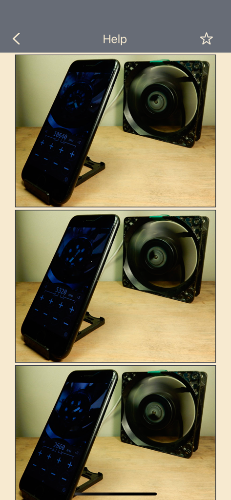 Video tachometer for business - Three panel comparison showing an iPhone measuring different rotational speeds of a fan in RPM using the video tachometer app.