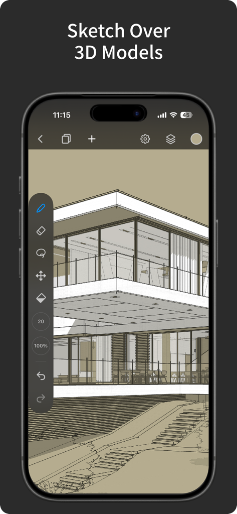 SketchFlow:  CAD Drawing - Interface de aplicativo móvel mostrando um esboço técnico arquitetônico sobre um modelo 3D