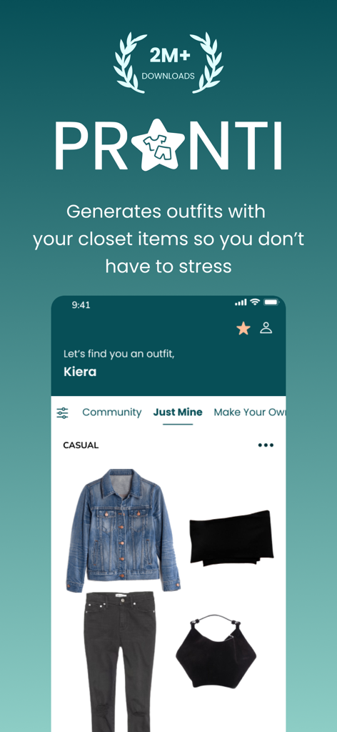 Outfit Maker - Pronti AI - Pronti AI app screen displaying a casual outfit recommendation featuring a denim jacket and black pants