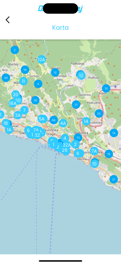 SIP Autotrolej - Eine interaktive Karte mit Echtzeit-Busrouten und Haltestellen in der Region Rijeka in Kroatien in der SIP Autotrolej-App.