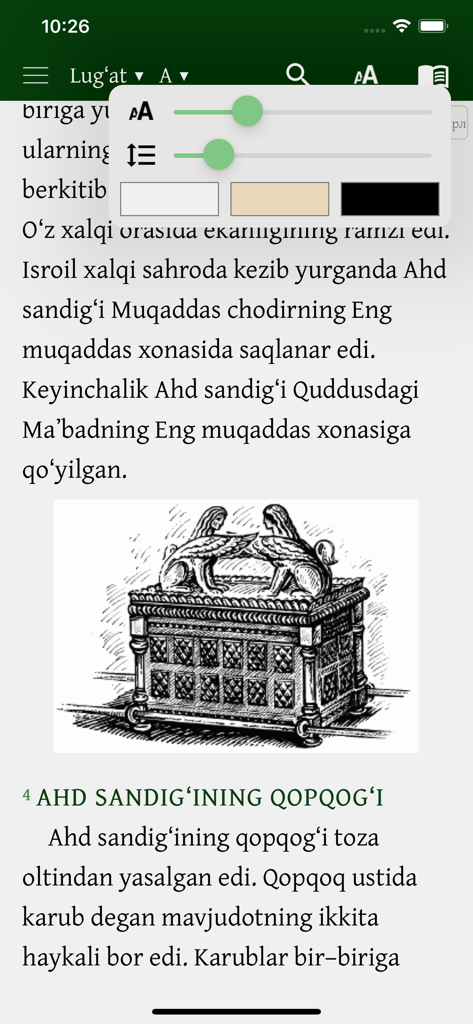 Muqaddas Kitob app reading interface with text settings and an illustration of the Ark of the Covenant
