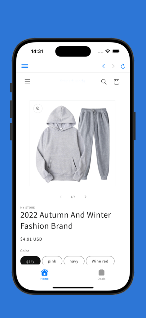 Página de producto en la aplicación de la tienda de compras de Primark que muestra un conjunto de sudadera y pantalón de chándal gris por 4.91 dólares.