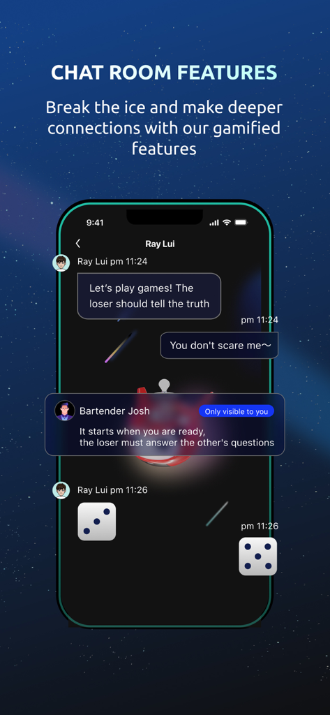 XO - Vibe & Chat - Smartphone display showing the XO app chat interface with gamified icebreakers and a dice game between two users.