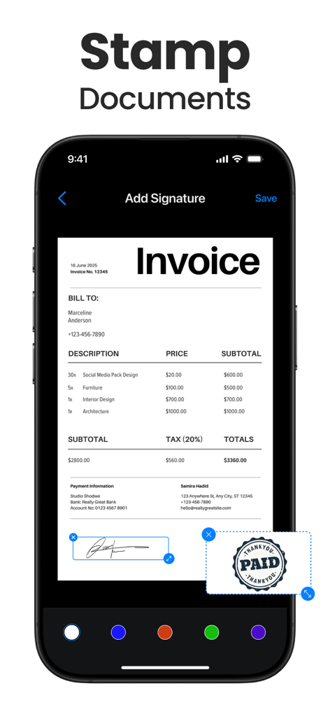 Scanner App - Scan PDF & Docs - スキャナーアプリのインターフェース内で請求書にデジタル署名と支払い済みスタンプを追加しているスマートフォンの画面。