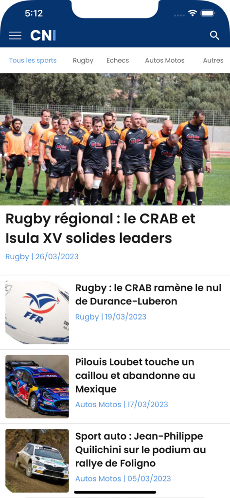 Corse Net Infos mobile app sports section featuring articles about local rugby and motorsports