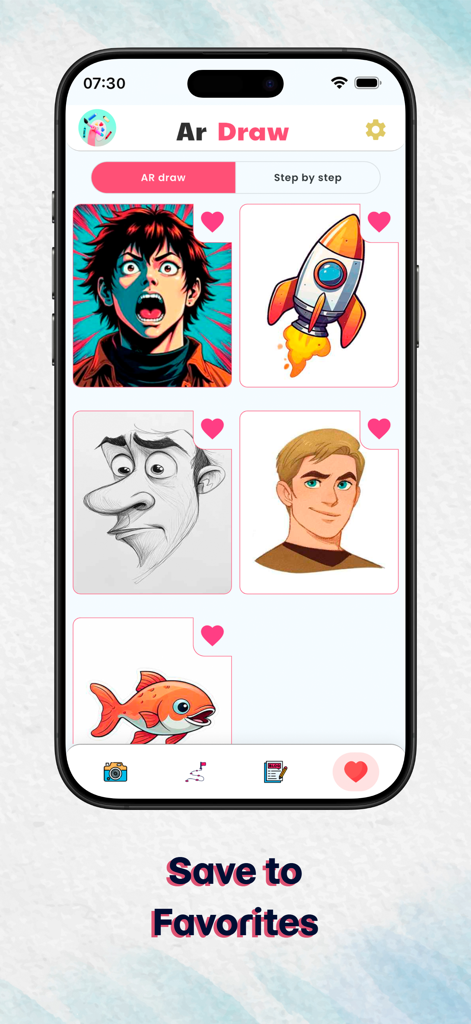 Drawing & Paint : Ar Drawing - A mobile app interface showing a collection of favorite drawing templates including anime characters and cartoons