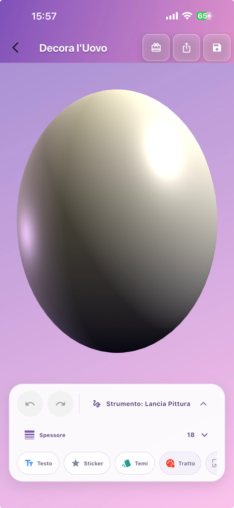 Easter Eggs 3D Painter - Interfaz de la aplicación Easter Eggs 3D Painter que muestra un huevo 3D y herramientas de decoración como pintura, pegatinas y texto