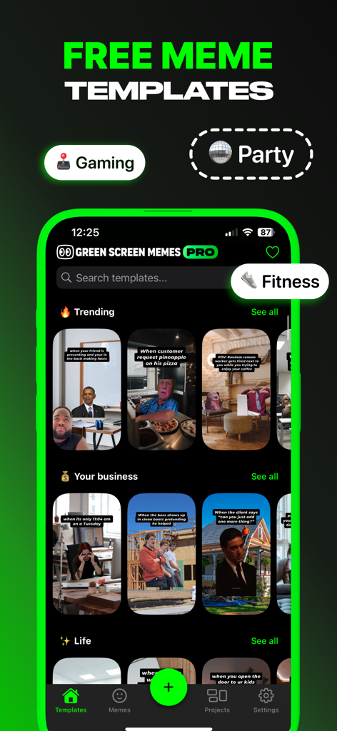 App interface showing a library of trending green screen meme templates categorized by themes like Gaming and Party.