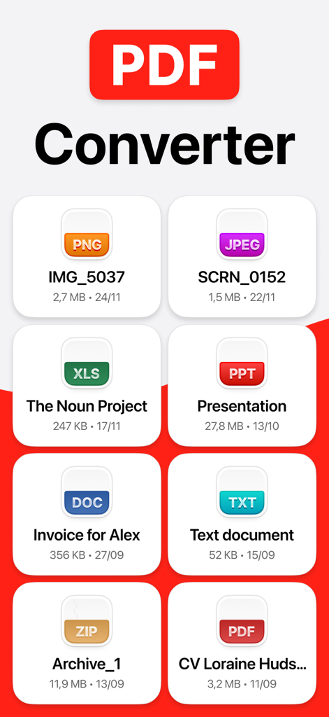 PDFコンバーターアプリのインターフェース。PNG、JPEG、DOC、XLSなどのさまざまなファイル形式が表示され、簡単に変換できます。