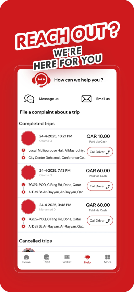 badrgo - Your way to go - La pantalla de ayuda y soporte de la aplicación de transporte badrgo con historial de viajes y opciones de contacto.