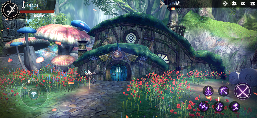 Una escena dentro del juego de Aura Kingdom 2 Evolution con una casa rústica de madera rodeada de hongos gigantes luminosos y campos de flores rojas.