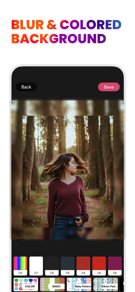 Square Fit: Photo Video Editor - Square Fit app interface demonstrating the blur and colored background editing tool for a portrait photo