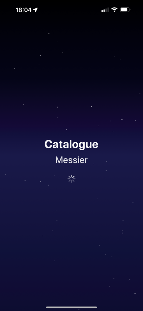 CatalogueMessier - Pantalla de inicio de la aplicación móvil Catalogue Messier con un fondo de noche estrellada y un indicador de carga