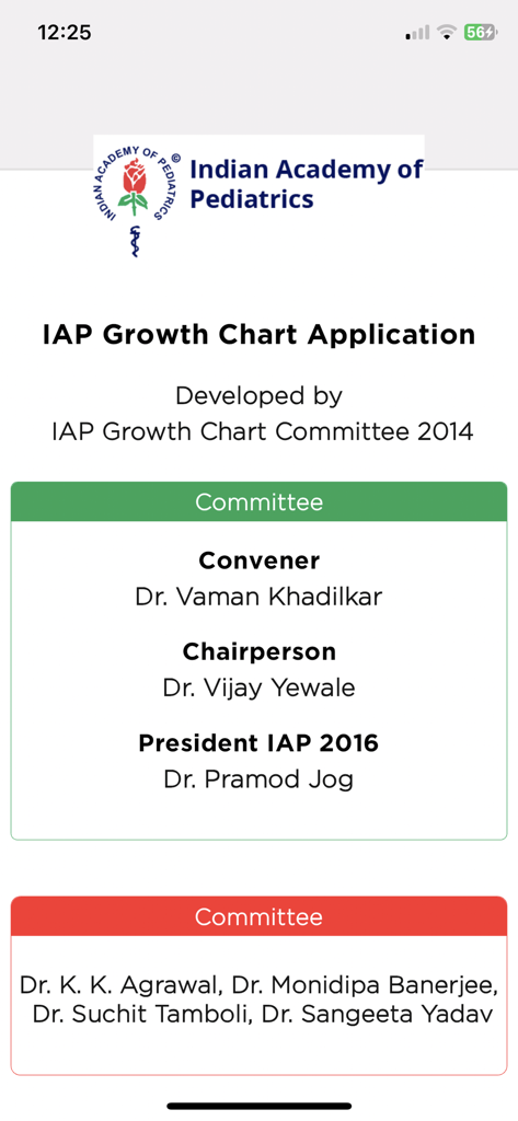 IAP Growth Charts - IAP Growth Chart Application home screen featuring the Indian Academy of Pediatrics logo and committee credits