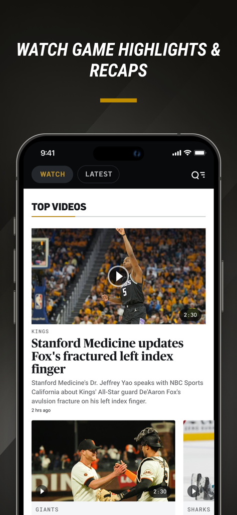 NBC Sports Bay Area & CA - NBC Sports Bay Area app interface showing game highlights and top videos of the Sacramento Kings and San Francisco Giants
