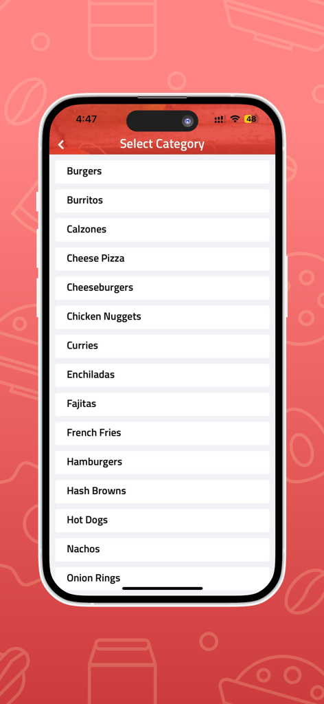 Easy Recipes for you - Écran mobile montrant une liste de catégories d'aliments telles que Burgers, Burritos et Currys parmi lesquels choisir.