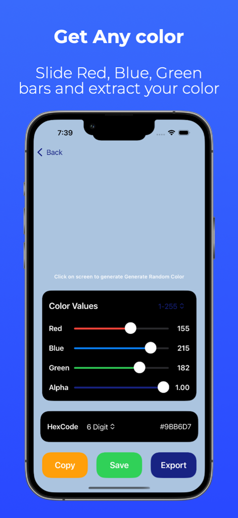 RGB 슬라이더와 색상 선택을 위한 16진수 코드 생성을 보여주는 ColorPixel 앱이 있는 스마트폰 인터페이스.