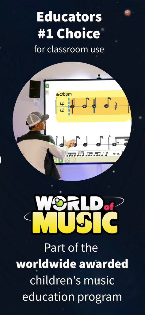 World of Music - Un profesor utilizando la aplicación World of Music para la educación musical en el aula en una gran pantalla digital.
