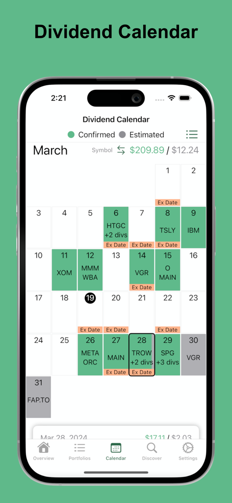 DivTracker mobile app interface showing a monthly dividend calendar with confirmed and estimated payout dates for various stocks