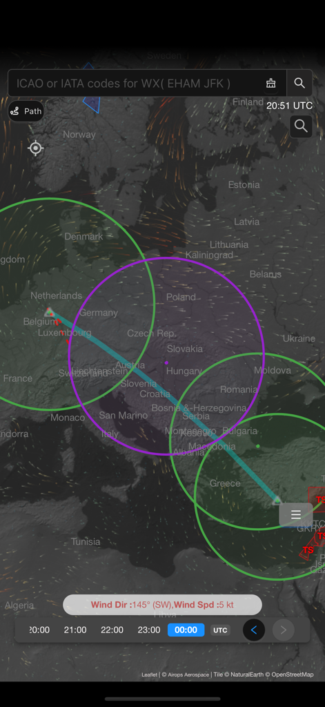 Airops Copilot - Airops Copilot aviation map displaying flight paths and wind conditions over Europe.