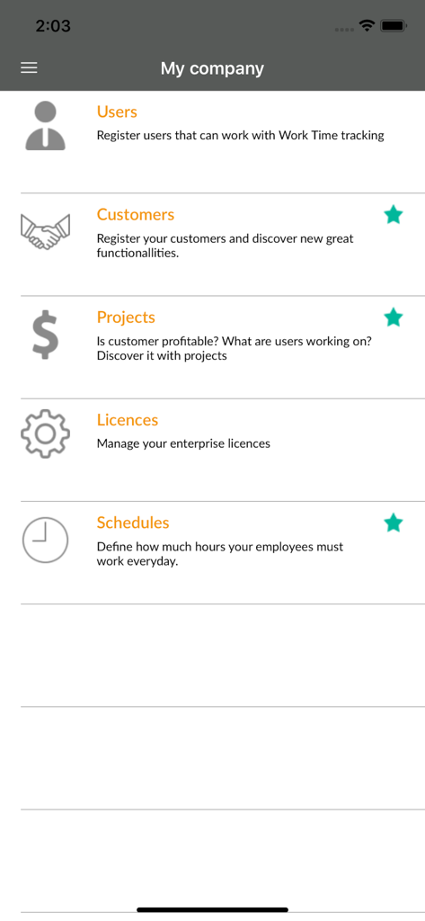 Bixpe Worktime Tracking - Menú de la aplicación Bixpe para gestionar usuarios de la empresa, proyectos y horarios de trabajo.