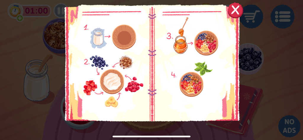Sofra - Cooking simulator - Step-by-step visual recipe for a healthy breakfast bowl in the Sofra cooking simulation game.