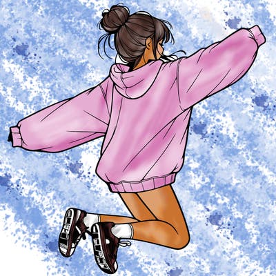 realistic girl jumping with a bun and oversized sweatshirt