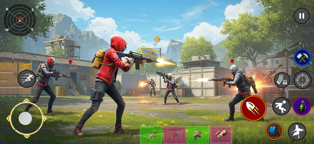 Captura de pantalla del juego Cover Fire Max Battlegrounds mostrando personajes participando en una batalla de equipo en un gran entorno exterior con controles móviles en pantalla.