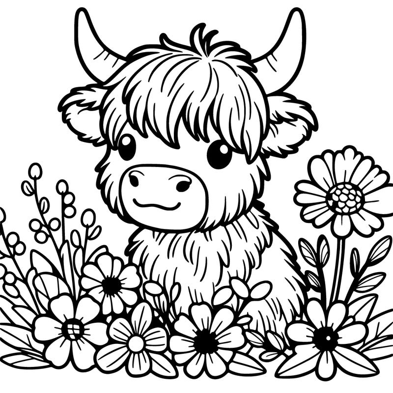 highland cow with flowers