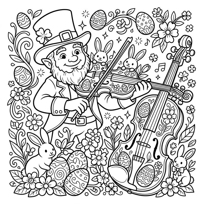 Step into a whimsical world where a festive leprechaun strums an enchanting tune on his fiddle, surrounded by the joys of Easter. This delightful coloring page combines Irish charm with spring's renewal, featuring playful bunnies, decorated eggs, and blooming flowers.