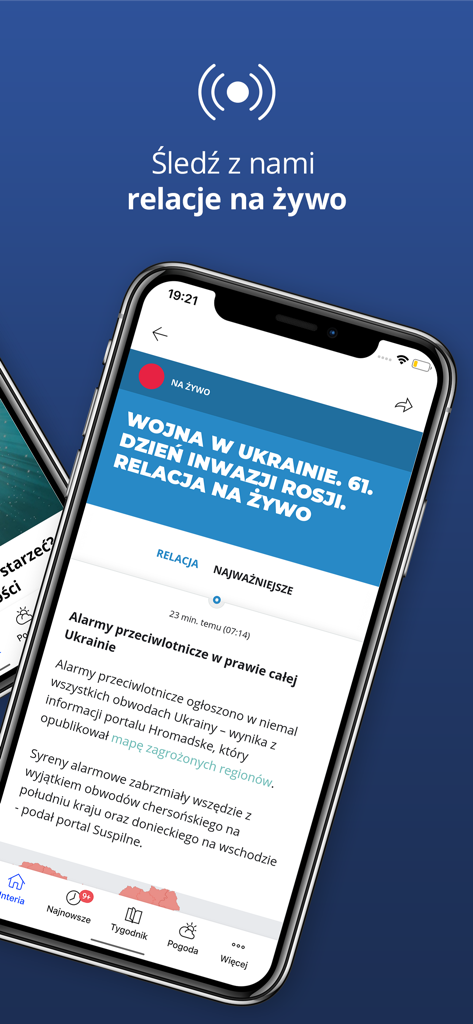 Interia - Interia Mobile App-Oberfläche mit einer Live-Nachrichtenmeldung auf Polnisch auf einem Smartphone