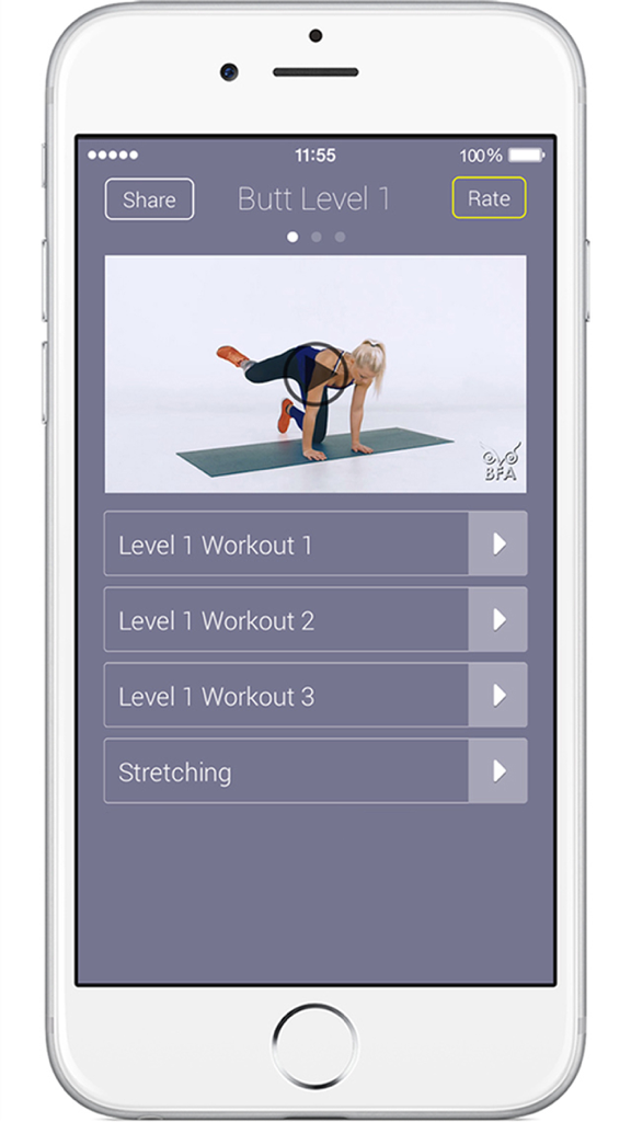 Butt App Lite- Fitness Exercises & Buttock Workout - iPhone screen showing the Butt App Lite interface with a video of a glute exercise and a list of Level 1 workouts