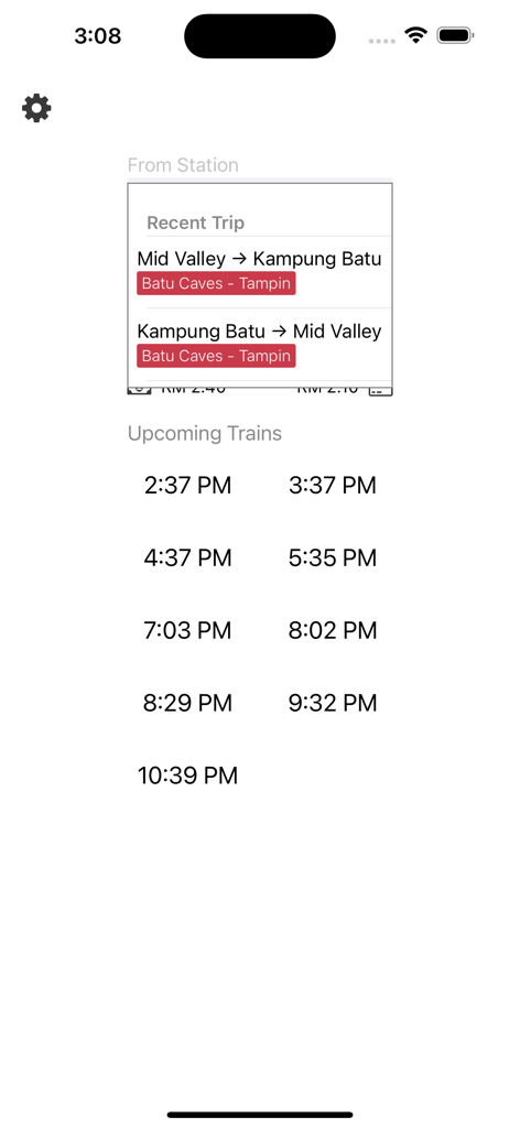 Interface of Komuter app displaying a list of upcoming train departure times and recent trip history
