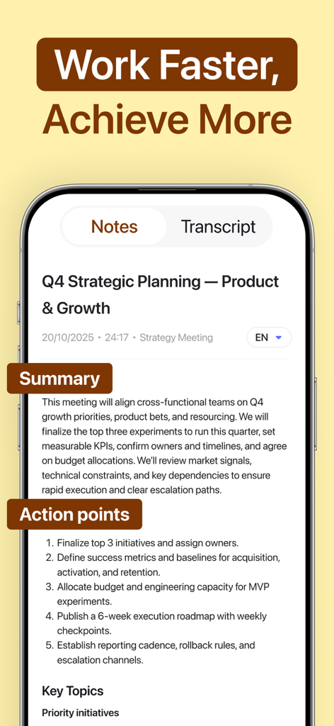 iNotebook: AI Note Taker - iNotebook app displaying an AI-generated meeting summary and a list of action points for strategic planning.