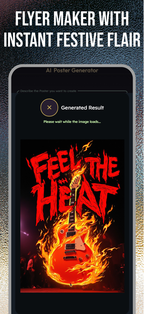 Happy Birthday Greeting eCards - Pantalla de smartphone mostrando un póster de música rock generado por IA con una guitarra en llamas y el texto Siente el calor