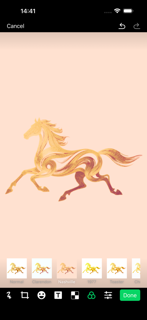 Draw Editor - Drawing On Pics - Application d'un filtre Nashville à une illustration de cheval dans l'interface de l'application Draw Editor