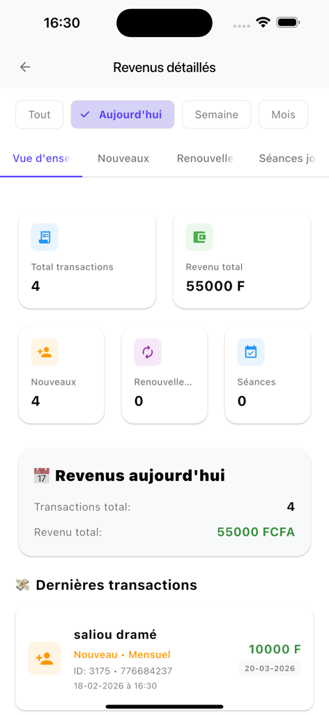 FitPoint app revenue dashboard with daily transactions and financial overview