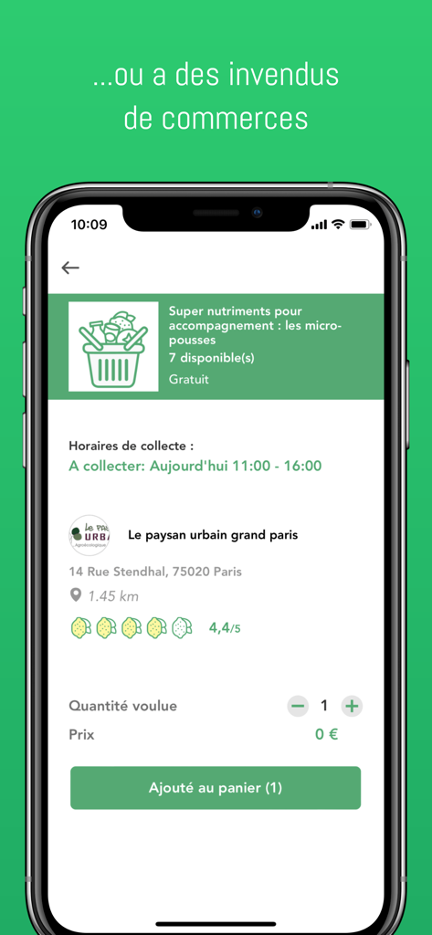 HopHopFood - HopHopFood app interface showing a free listing for unsold food from a local business