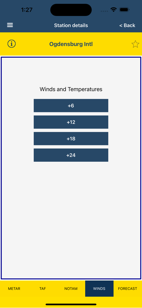 Mobile app screen showing winds and temperatures for Ogdensburg International airport.