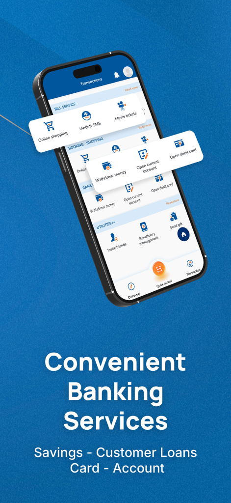 Sacombank Pay app screen displaying convenient banking services including savings loans and card management