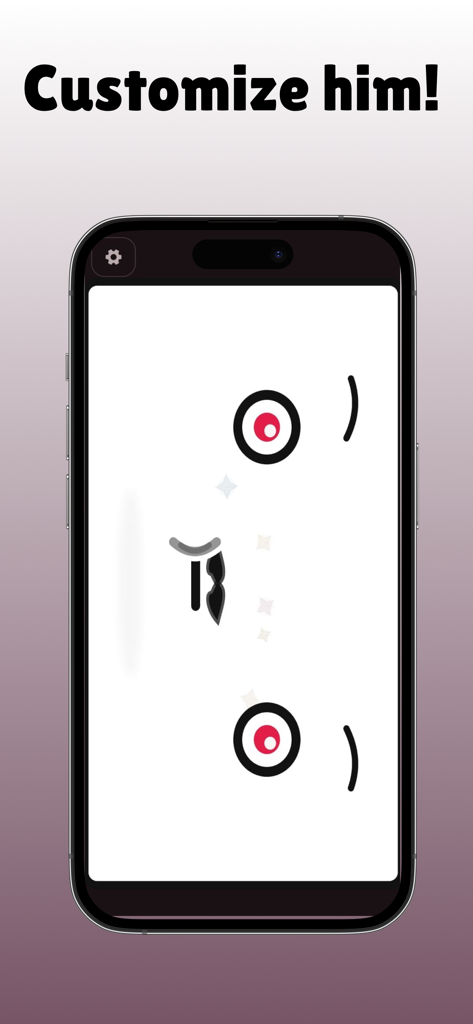 A smartphone displaying a white virtual pet face with a mustache and red eyes under the text Customize him