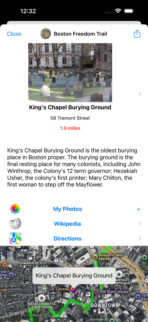 Freedom Trail - Boston - Screenshot of the Freedom Trail Boston app displaying historical details and map directions for Kings Chapel Burying Ground.