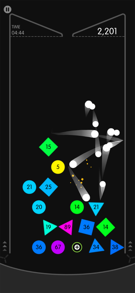 Physics Balls - 숫자가 매겨진 다채로운 벽돌을 치는 흰색 공이 등장하는 Physics Balls의 모바일 게임 플레이